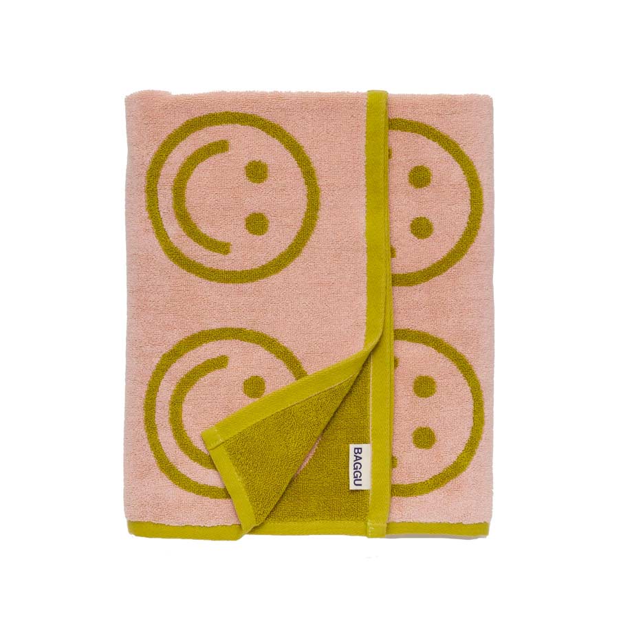 Baggu-serviette-de-bain-happy-ochre-smileys-vert-rose-organique-coton-plage-Atelier-Kumo