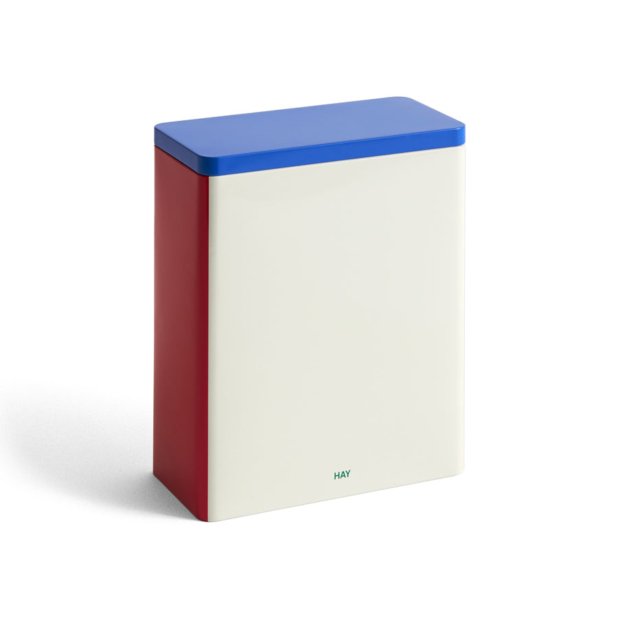 Hay-tin-container-recipient-boite-en-fer-rectangle-grand-large-blanc-rouge-et-bleu-Atelier-Kumo