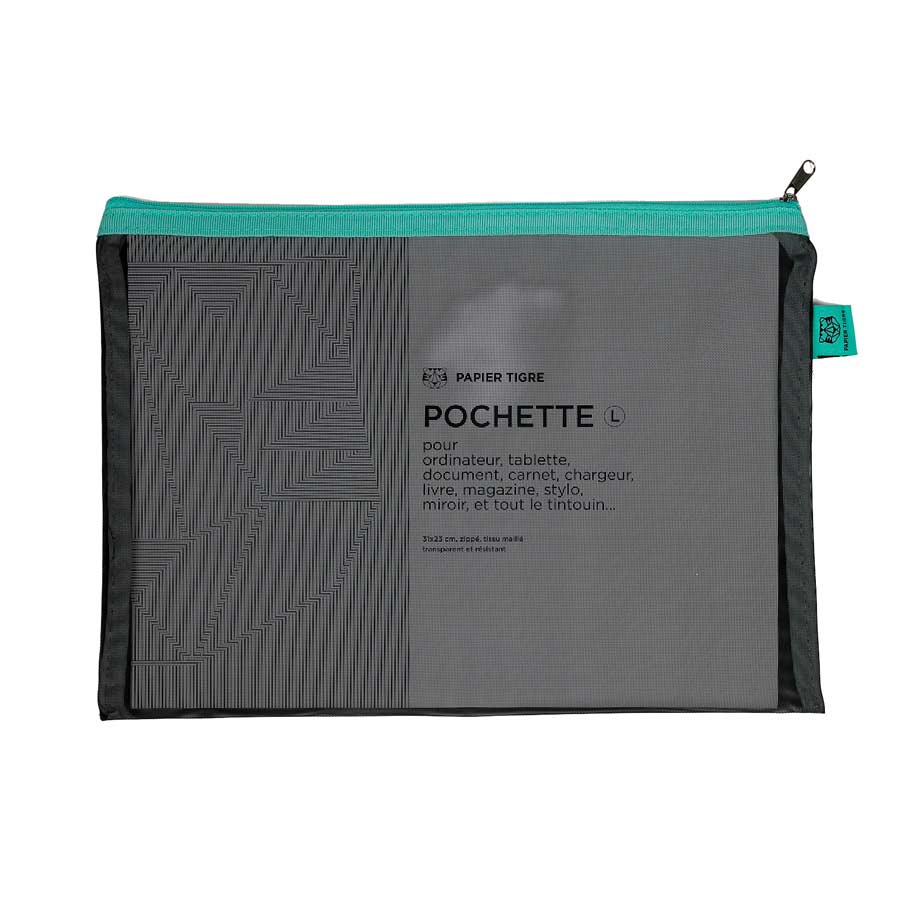 Papier-Tigre-pochette-mesh-L-noir-lisere-menthe-fermeture-eclair-tissu-maille-leger-resistant-papeterie-Atelier-Kumo